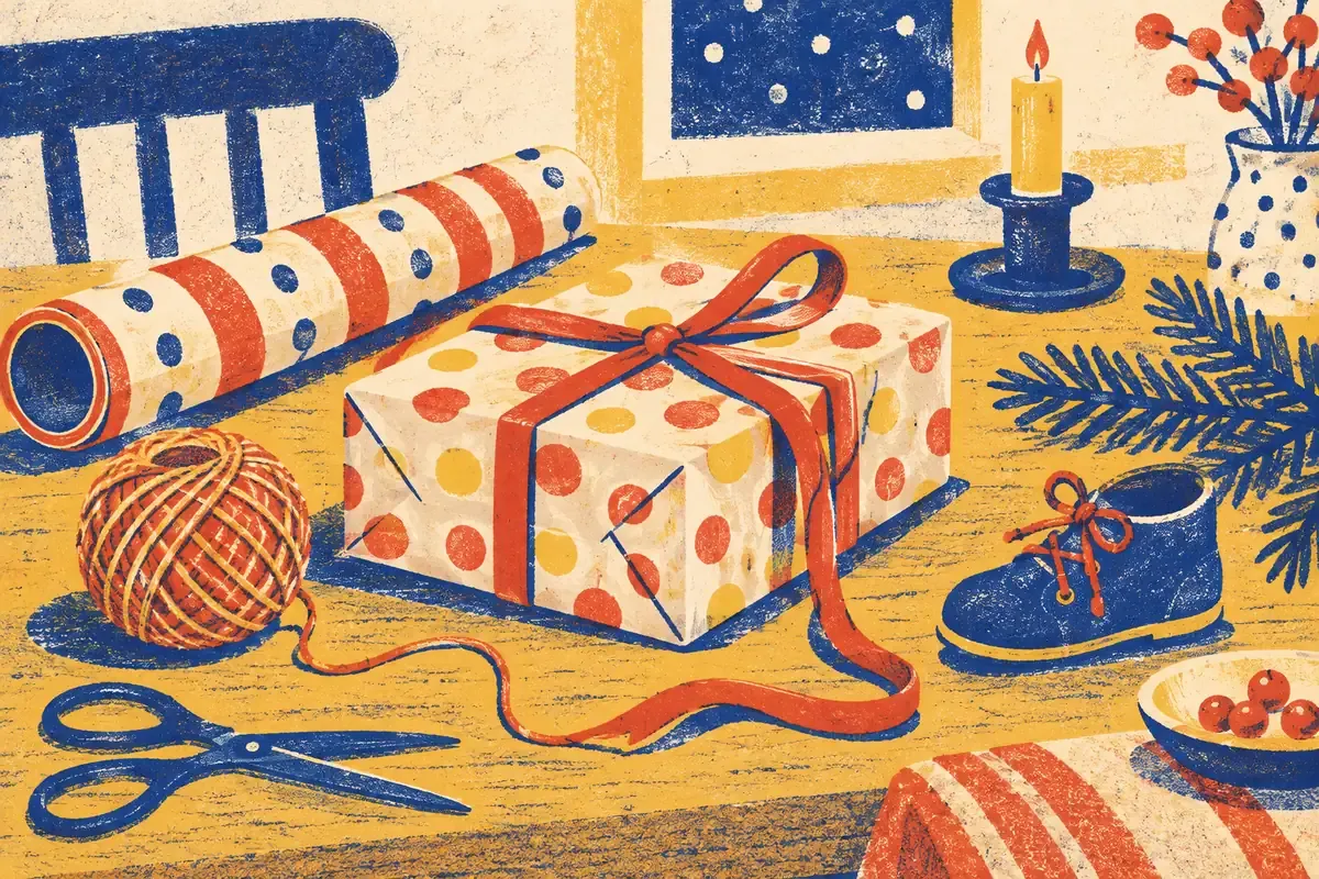 Un sapin décoré entouré de cadeaux emballés de ruban et d'une fenêtre à vitrail, en aplats bleu encre, rouge tomate et jaune surligneur sur fond crème.