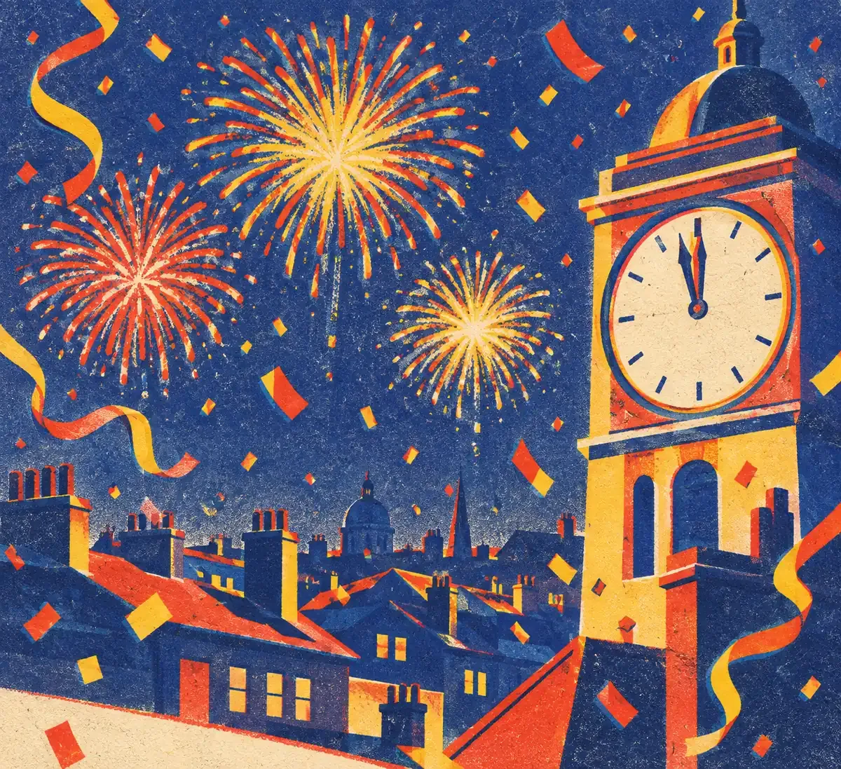 Une horloge marquant minuit entourée de confettis, d'un serpentin doré et d'une guirlande, sur un fond crème avec des touches de bleu encre, de rouge tomate et de jaune surligneur.