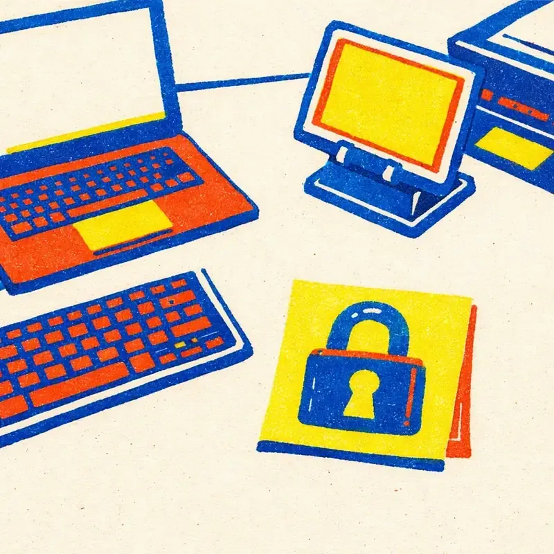 Ordinateur, tablette et imprimante posés sur un bureau autour d'un cadenas symbolisant un mot de passe, dans les tons d'une risographie
