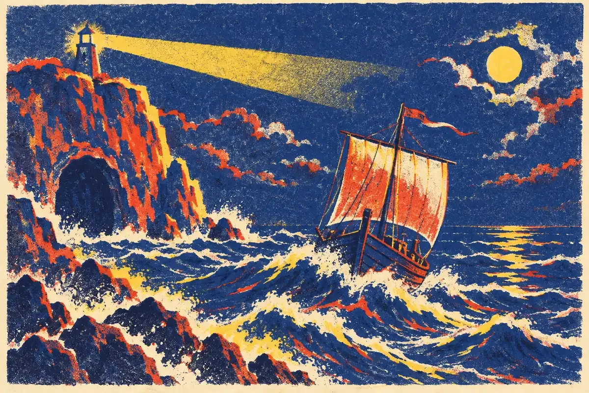 Un navire à voile unique fendant une mer démontée, avec un mât incliné et une sirène esquissée sur une vague, en aplats bleu encre, rouge tomate et jaune surligneur sur fond crème.