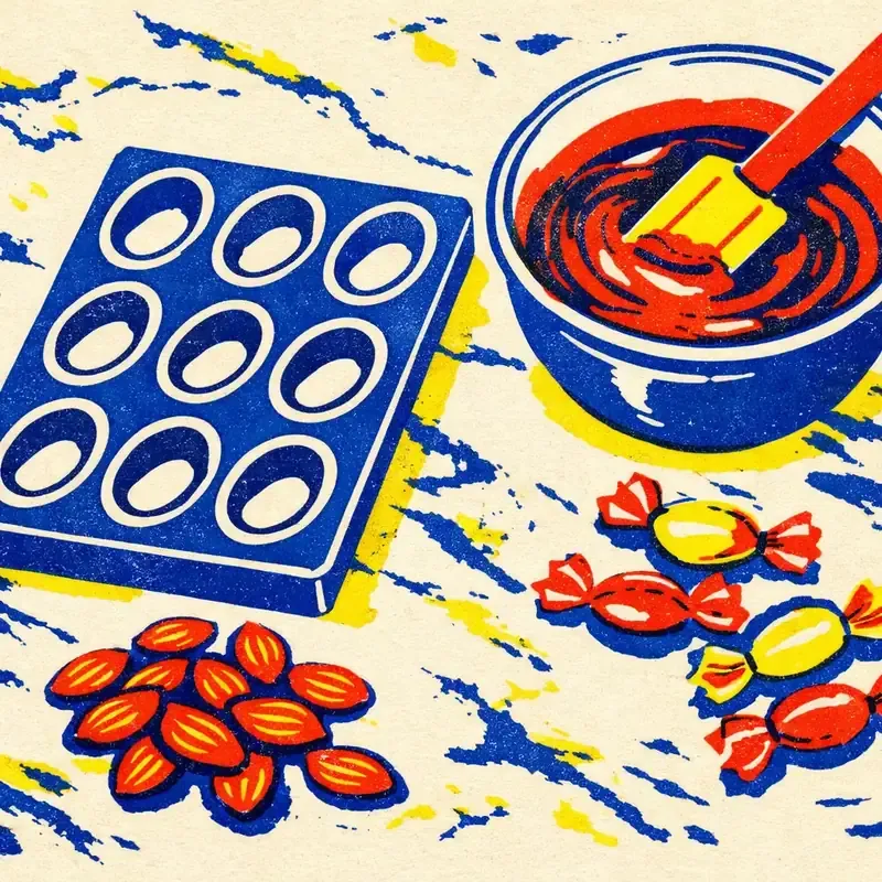 Illustration œufs en chocolat moulés, copeaux de praliné et papier d'emballage froissé sur une table