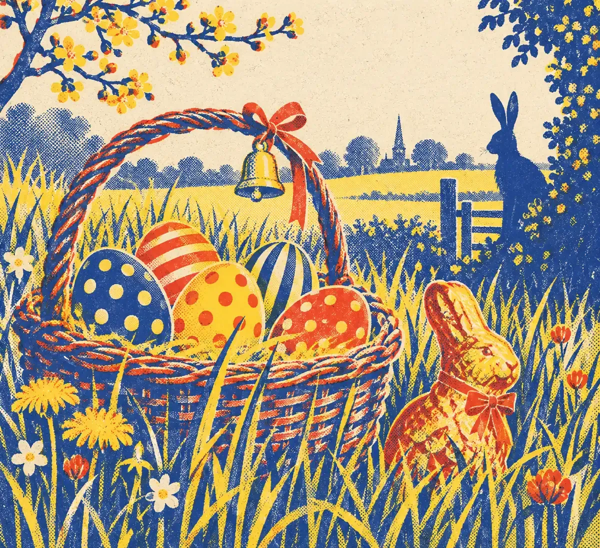 Une cloche décorée entourée d'œufs peints, d'un lapin en chocolat et de brins d'herbe, en aplats de bleu encre, rouge tomate et jaune surligneur sur fond papier crème.