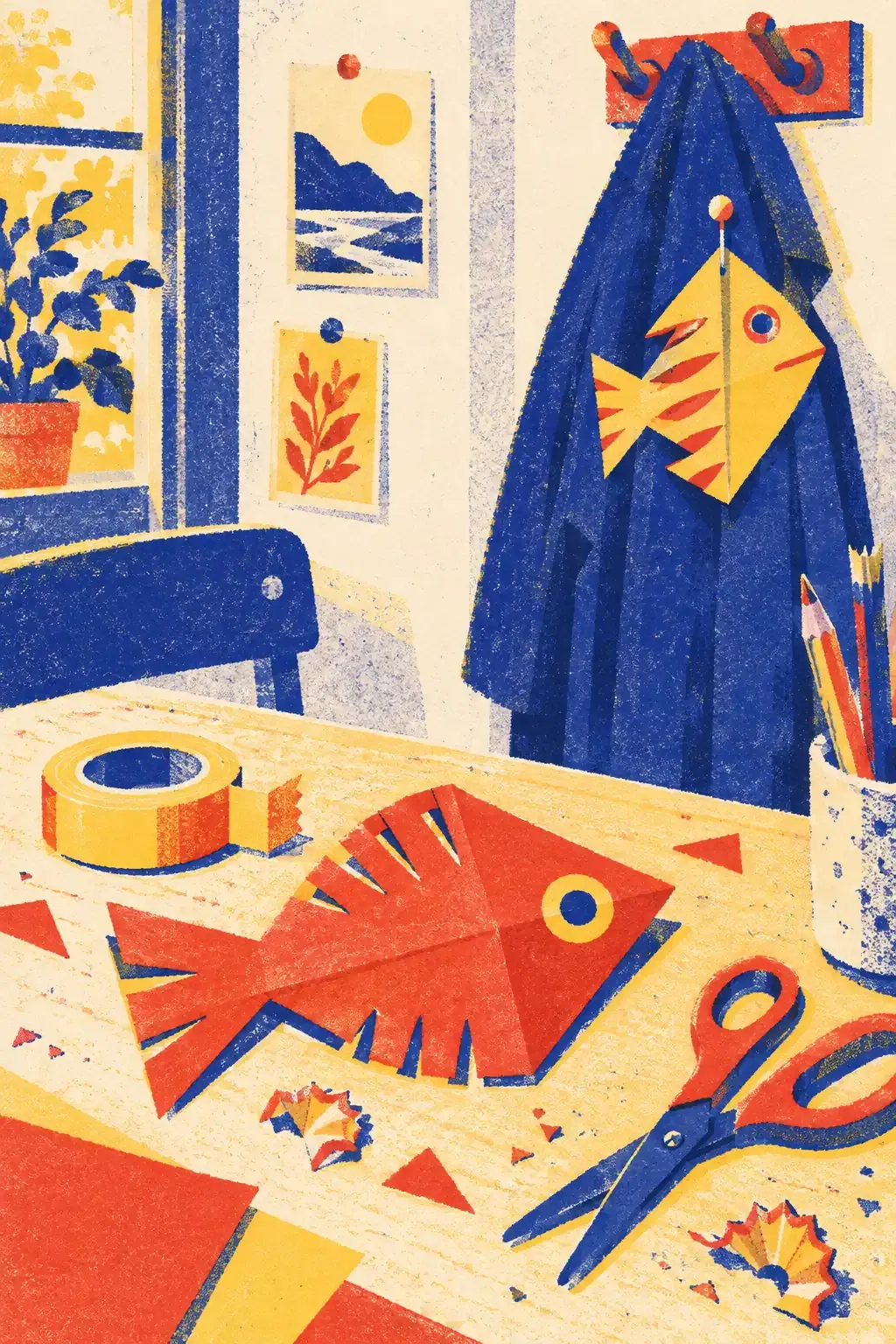 Un poisson en papier découpé aux ciseaux, un rouleau de ruban adhésif et un crayon de dessin posés sur une table, en risographie quatre couleurs papier crème, bleu encre, rouge tomate et jaune surligneur.