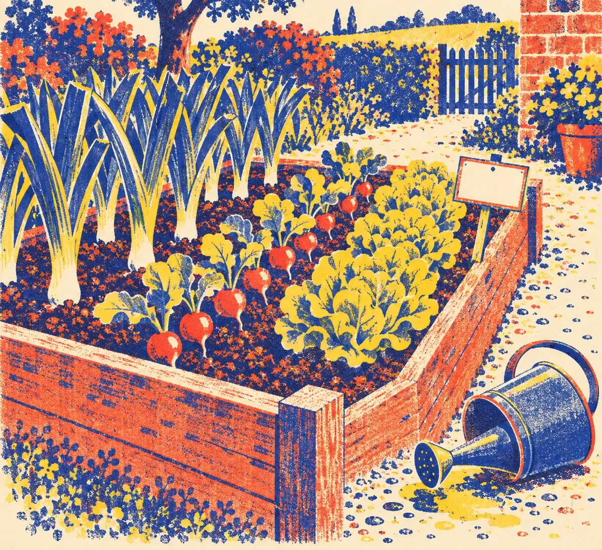 Panier de légumes de potager, artichaut, betterave et potiron, dans un style risographie à quatre encres.