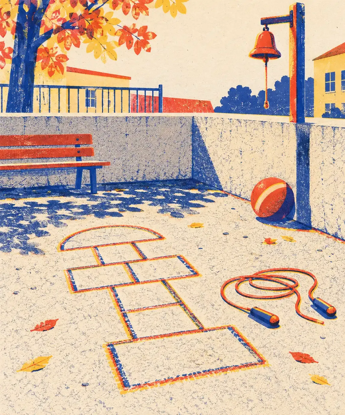 Un ballon, une bille et une corde à sauter posés au pied d'un toboggan, dans les tons crème, bleu encre, rouge tomate et jaune surligneur.