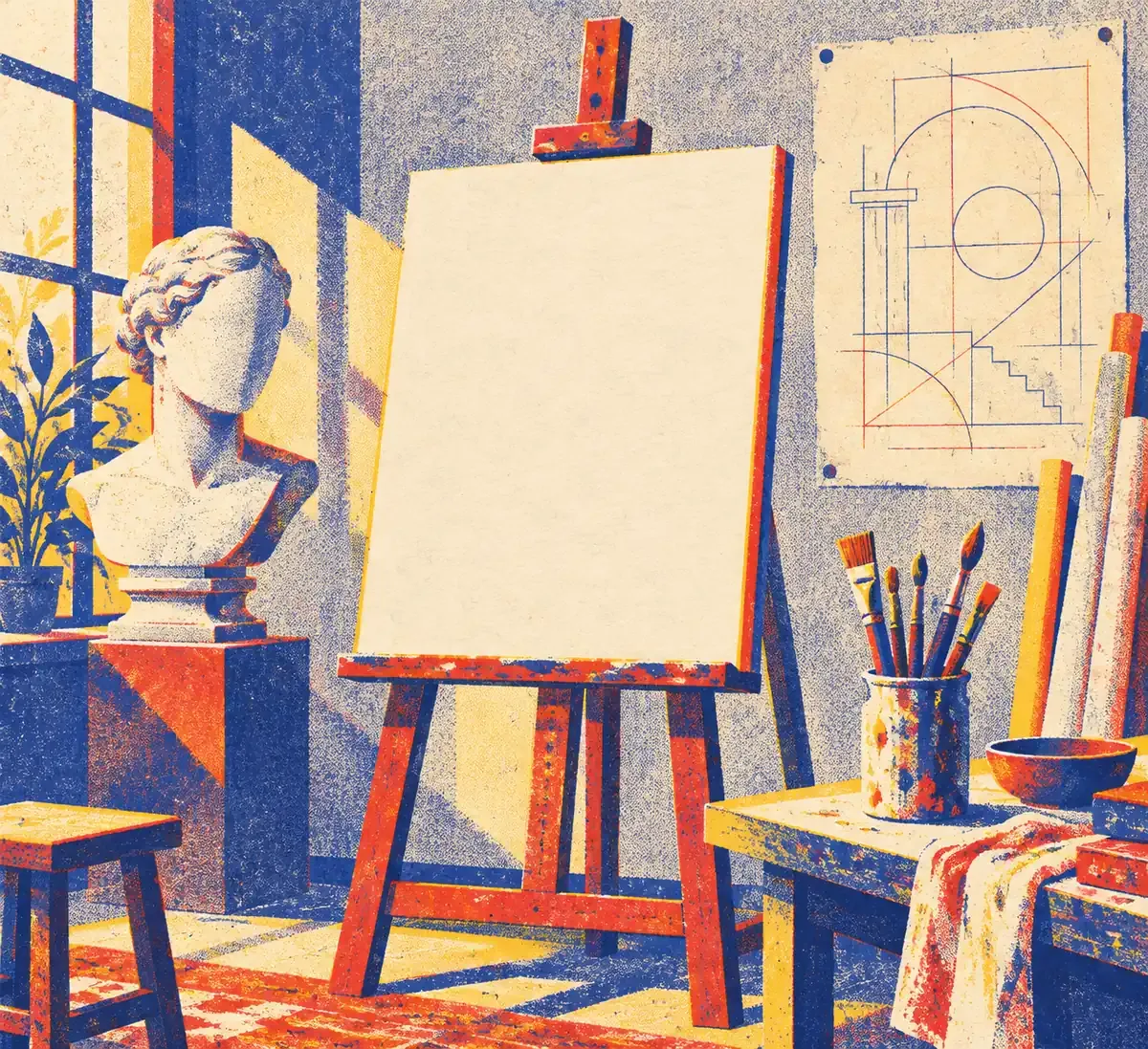 Une caravelle voguant sous une boussole surdimensionnée, avec en arrière-plan une coupole et une presse d'imprimerie, en aplats bleu encre, rouge tomate et jaune surligneur sur fond crème.