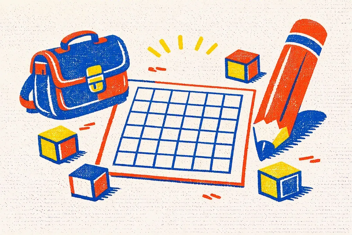 Illustration cartable, grand crayon et blocs alphabet autour d'une grille de lettres