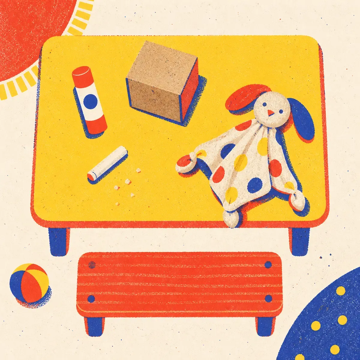 Un cartable, un tube de colle, un morceau de craie et un doudou posés devant un banc d'école sur un fond crème, dans les tons bleu encre, rouge tomate et jaune surligneur d'une risographie.