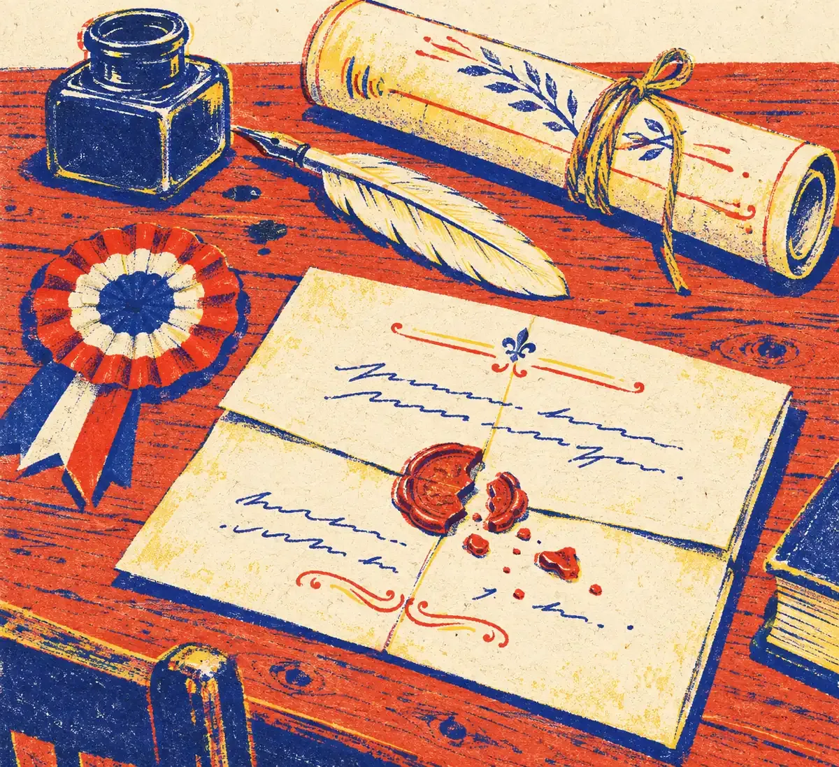 Une cocarde tricolore et une clé de forteresse dessinées en aplats bleu encre, rouge tomate et jaune surligneur sur fond papier crème.