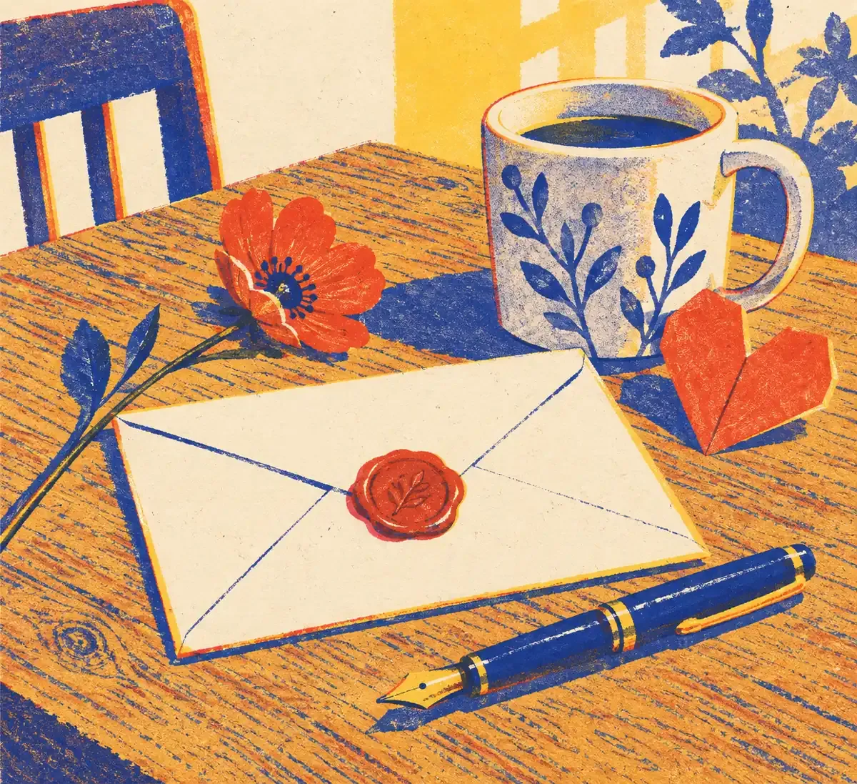 Une enveloppe entrouverte laisse échapper un cœur et un petit bouquet noué d'un ruban, dans des aplats de bleu encre, rouge tomate et jaune surligneur sur fond papier crème.