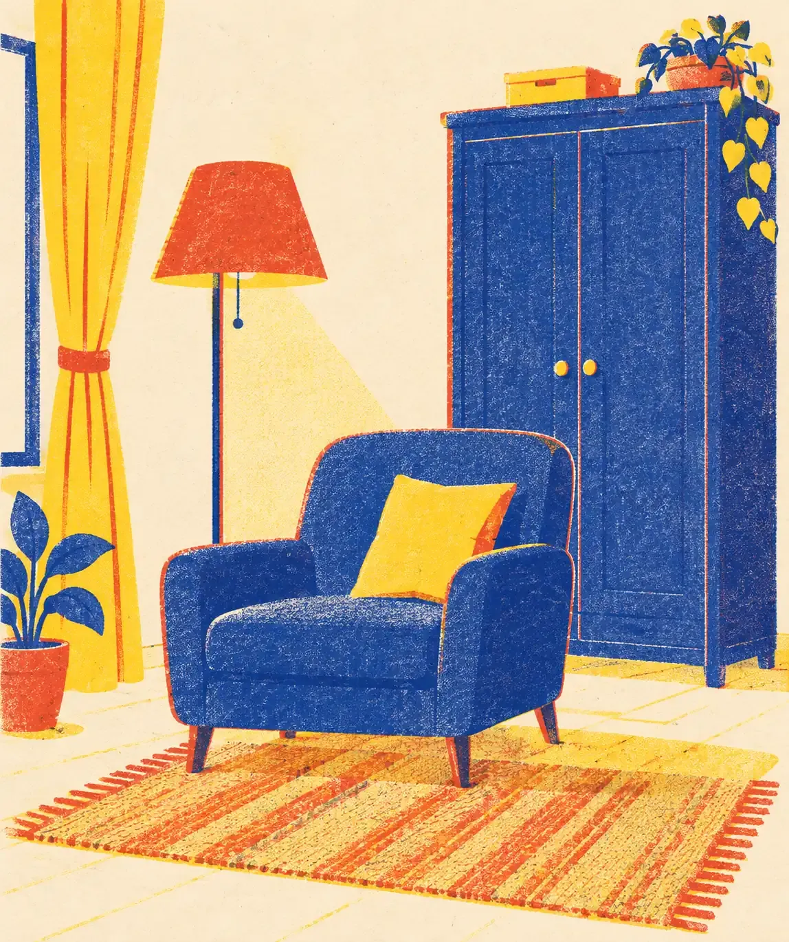 Un fauteuil avec un coussin et une lampe posée à côté, devant une fenêtre avec un rideau, en aplats risographie sur papier crème, bleu encre, rouge tomate et jaune surligneur.