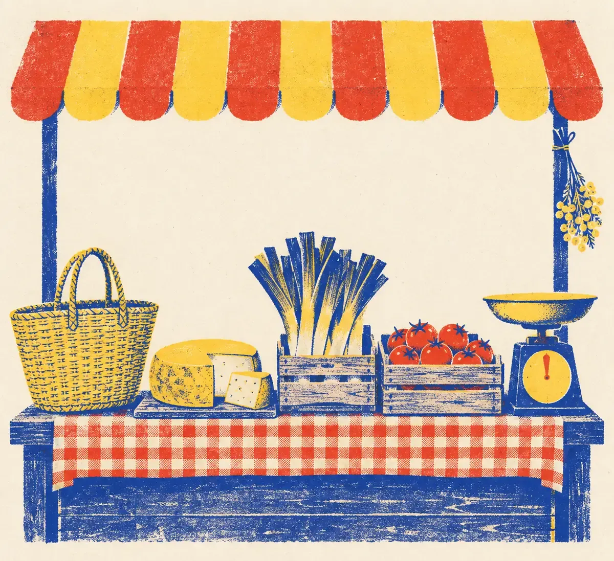 Un cabas de paille et un panier tressé devant un étal de fromages et de tomates, en aplats risographie sur papier crème, bleu encre, rouge tomate et jaune surligneur.