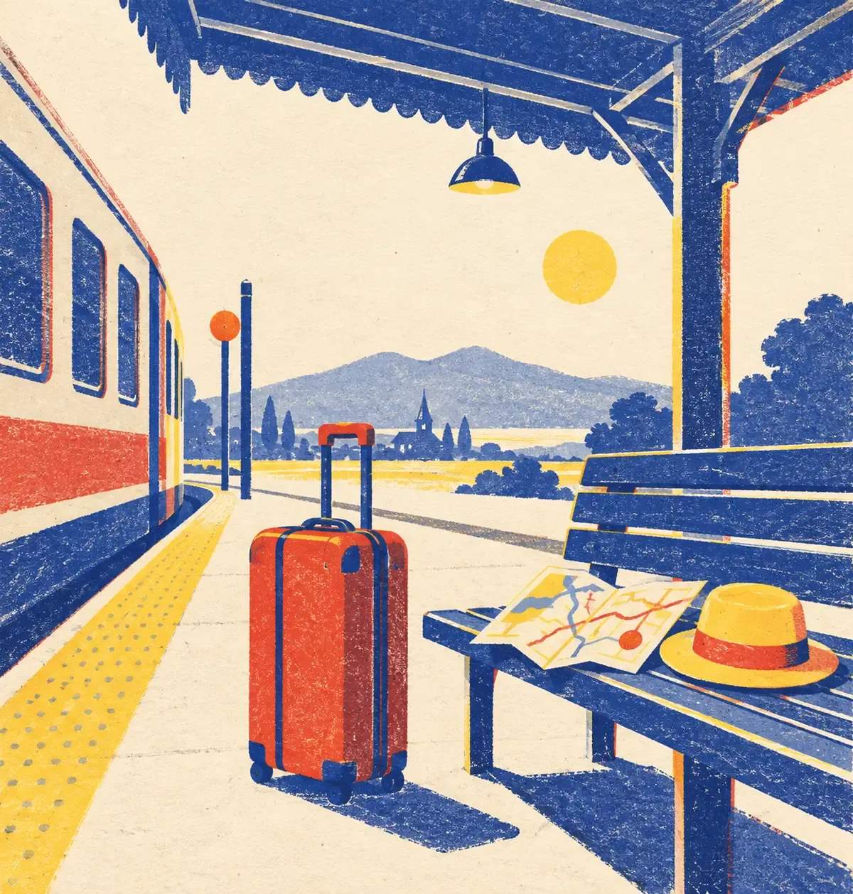 Une valise et un sac de voyage posés près d'un guichet de gare, avec une carte pliée, en aplats risographie sur papier crème, bleu encre, rouge tomate et jaune surligneur.