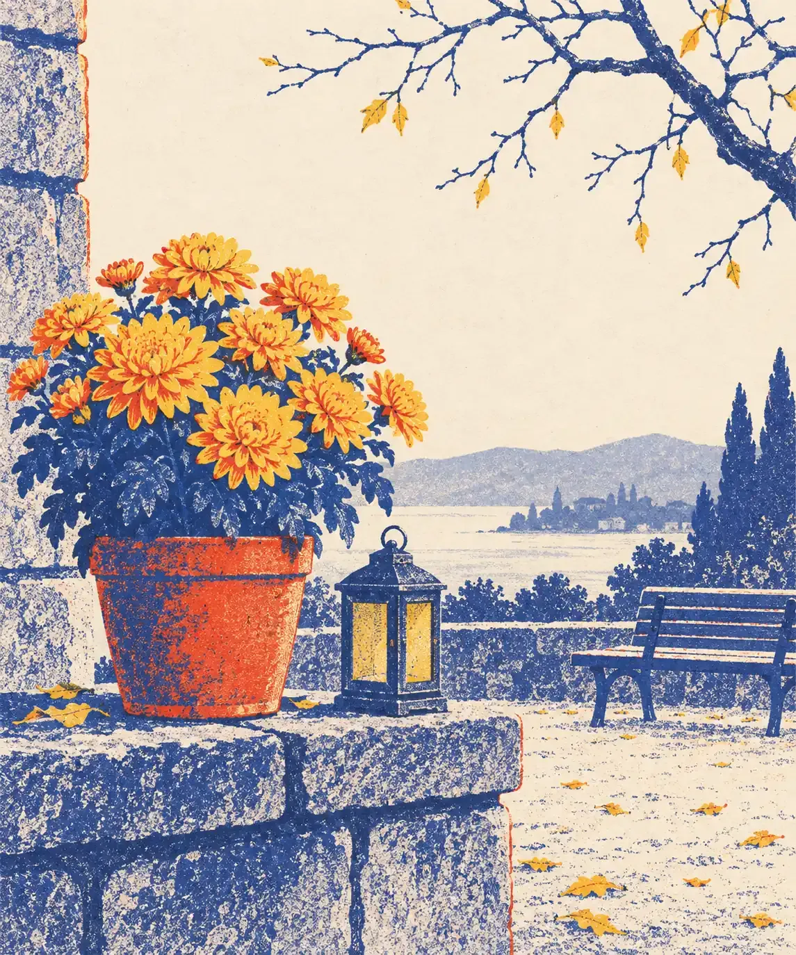 Bouquet de chrysanthèmes orangés posé devant une pierre tombale sobre, sous un arbre aux feuilles tombantes, en aplats bleu encre, rouge tomate et jaune surligneur sur fond crème.