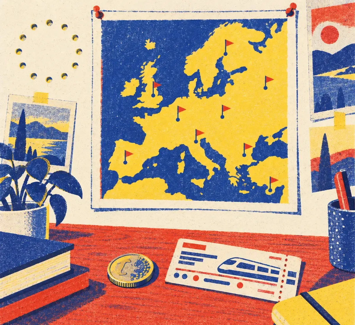 Un cercle d'étoiles jaune surligneur autour d'un drapeau stylisé, en aplats bleu encre et rouge tomate sur fond papier crème.