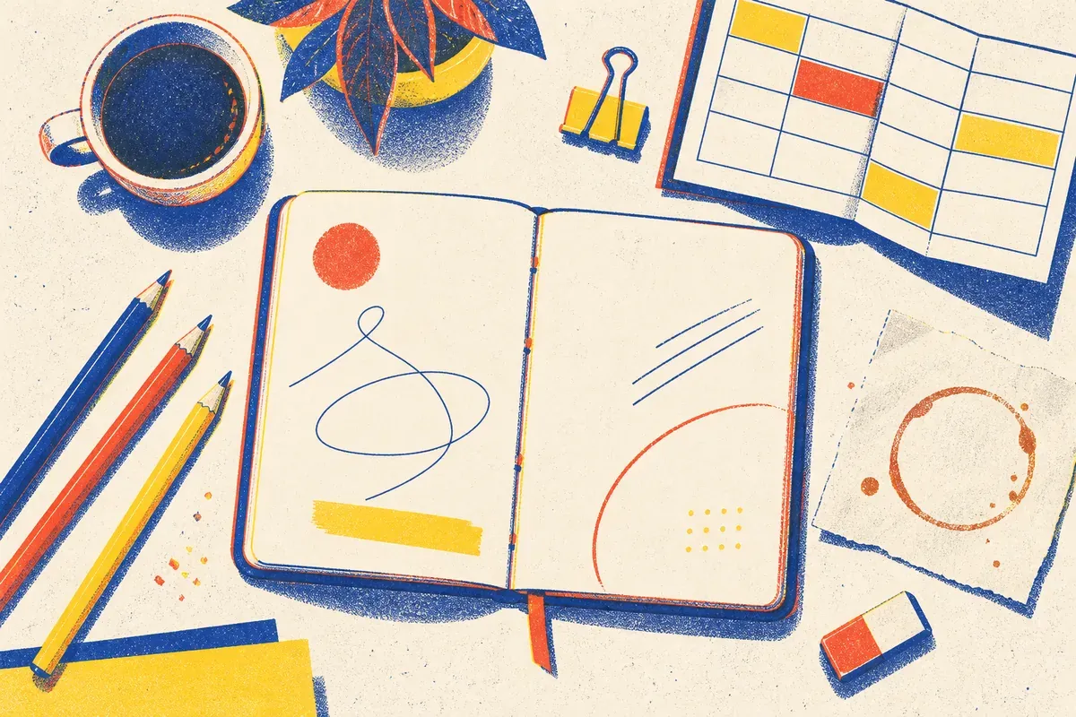 Une main qui trace une ligne au crayon sur une grille de lettres, entourée d'un arrosoir, d'une règle et d'un rouleau de ruban adhésif, dans les teintes crème, bleu encre, rouge tomate et jaune surligneur.