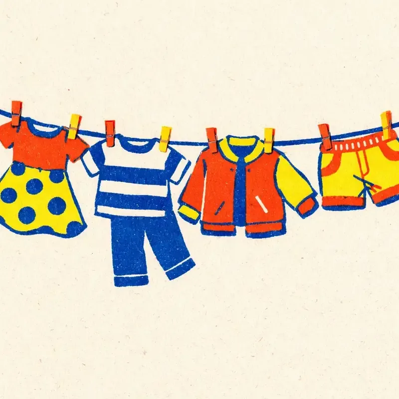 Vêtements alignés sur une étagère : manteau, chemise, pantalon et chaussures côte à côte