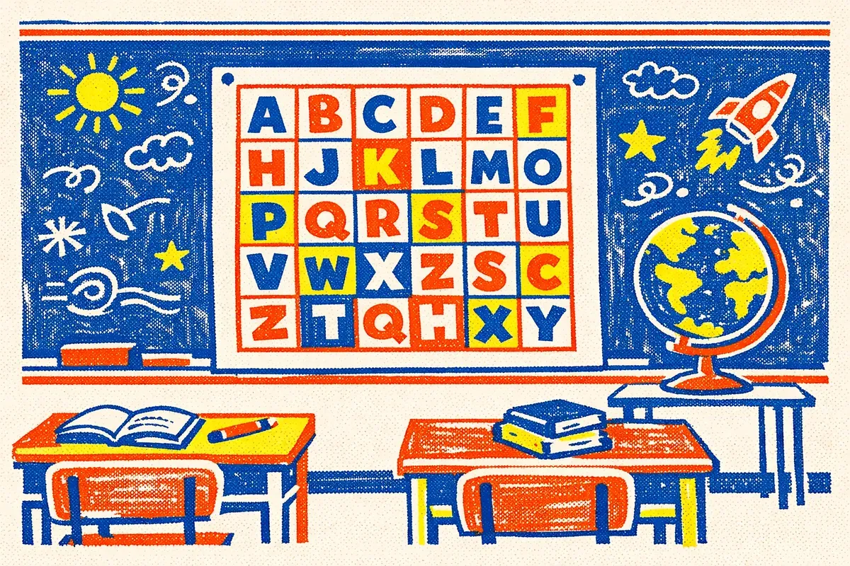 Illustration salle de classe avec tableau noir, pupitres et globe terrestre