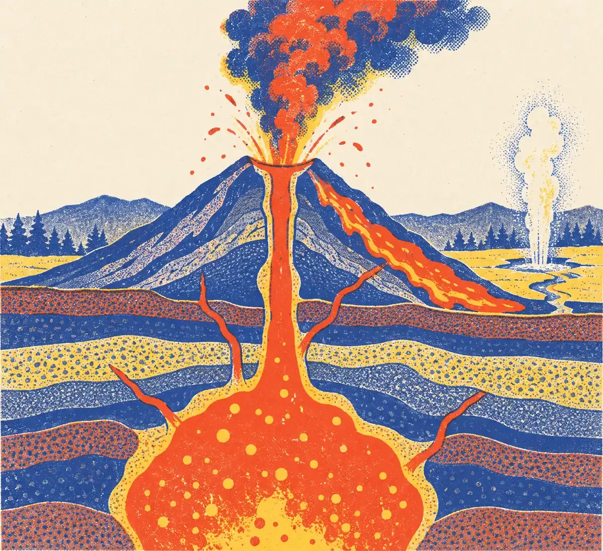 Un volcan en éruption crachant de la lave et des cendres au-dessus d'une caldeira, en aplats bleu encre, rouge tomate et jaune surligneur sur fond crème.