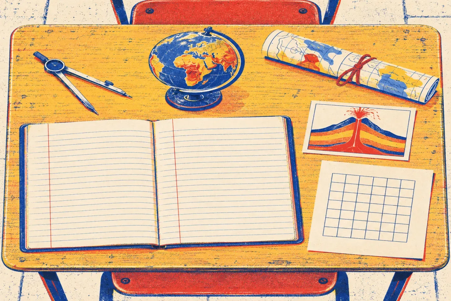 Bureau de collégien vu de dessus avec un cahier ouvert, un compas, un globe en relief, une carte roulée et une feuille quadrillée posée au bord du bureau.
