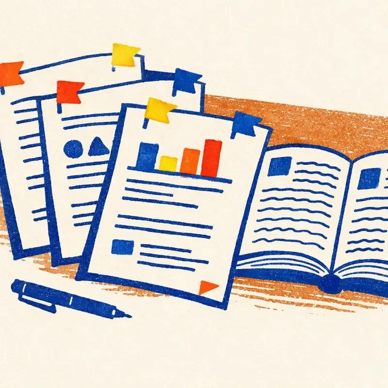 Trois feuilles d'exercices déployées en éventail sur un bureau, de petits rectangles colorés en forme de drapeaux épinglés aux coins et un dictionnaire bilingue ouvert à côté.