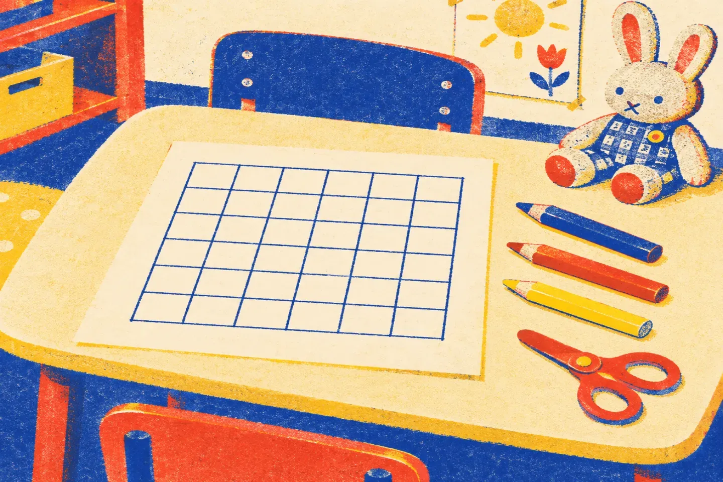 Table de maternelle avec une grande feuille quadrillée de six cases de côté, trois gros crayons de couleur, une paire de ciseaux à bouts ronds et un doudou lapin posé au coin.
