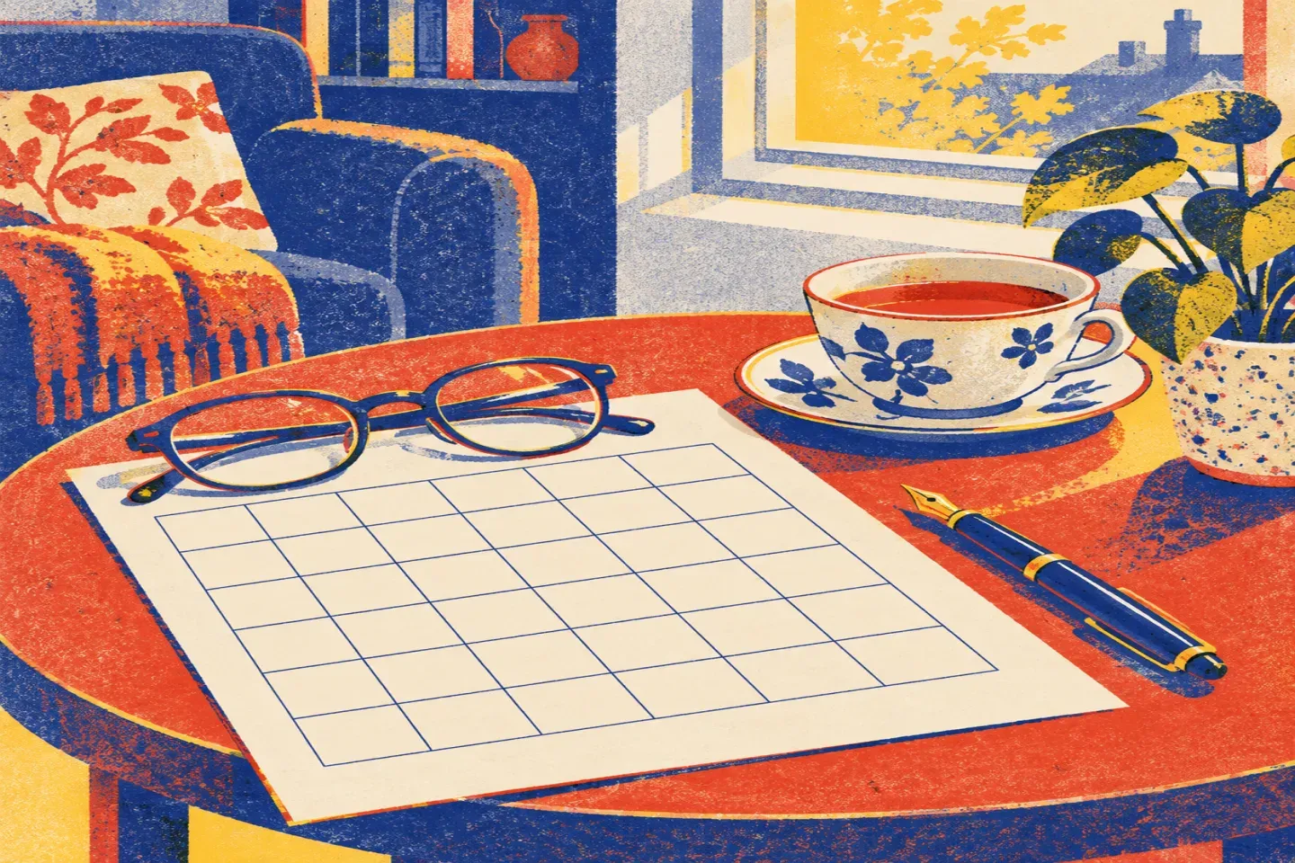 Table de salon près d'une fenêtre avec une feuille quadrillée à grandes cases, des lunettes de lecture posées dessus, un stylo, une tasse de thé et une petite plante.