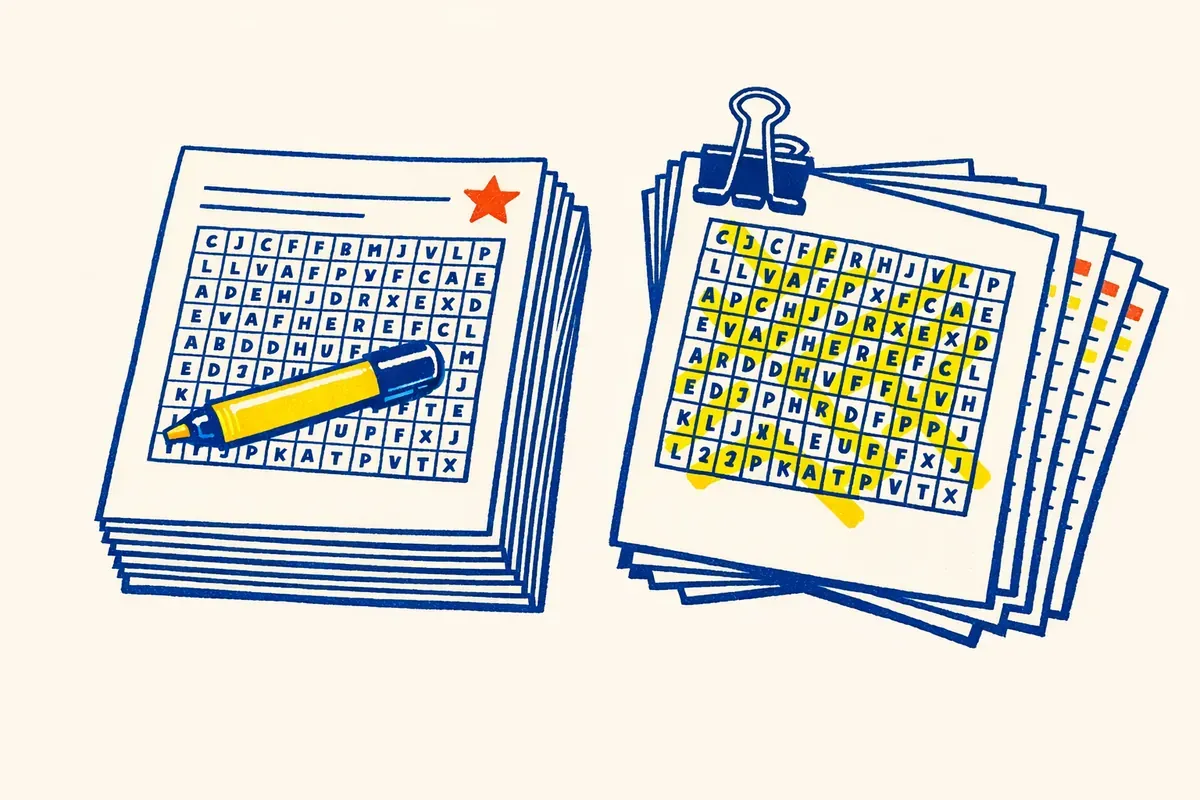 Pile de fiches de mots mêlés imprimées avec leurs corrigés