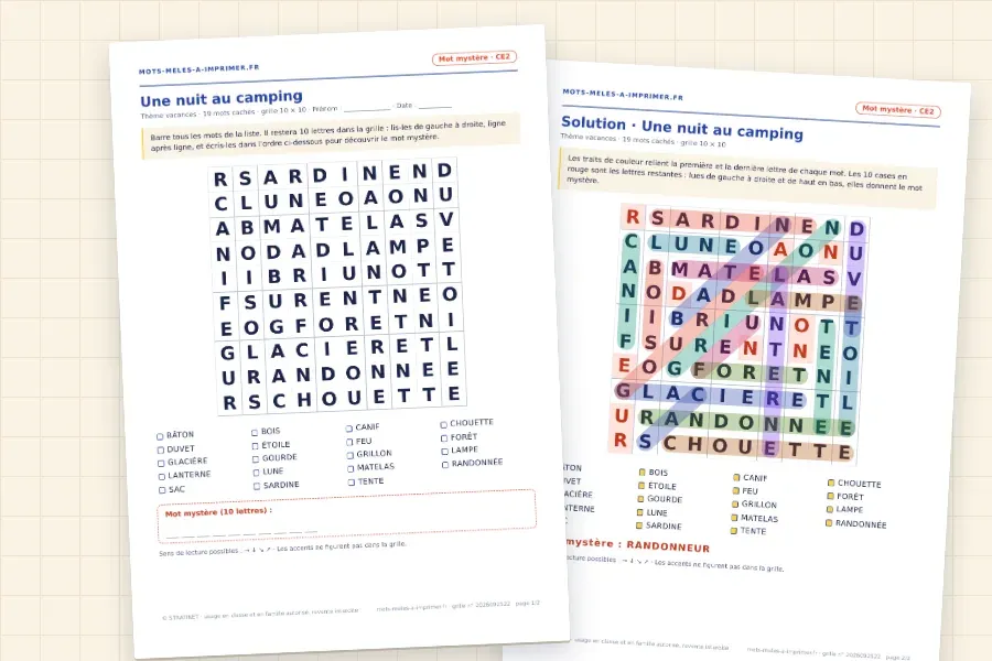 Rendu réel du PDF « Une nuit au camping » : la grille à remplir et, derrière, sa solution