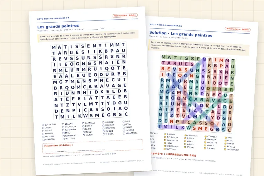Rendu réel du PDF « Les grands peintres » : la grille à remplir et, derrière, sa solution