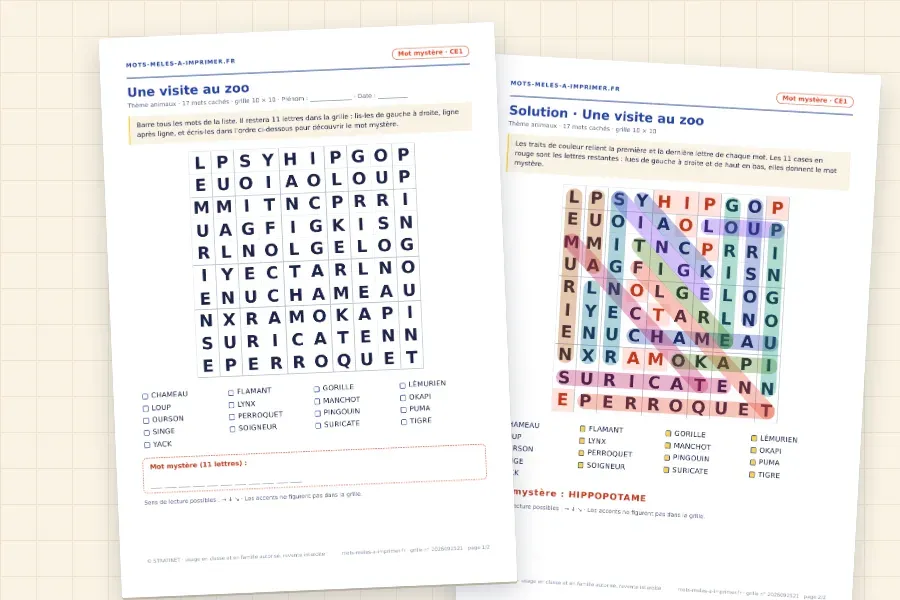 Rendu réel du PDF « Une visite au zoo » : la grille à remplir et, derrière, sa solution