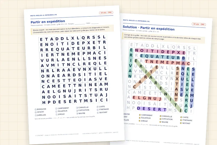 Rendu réel du PDF des 10 ans : la grille « Partir en expédition » et sa solution