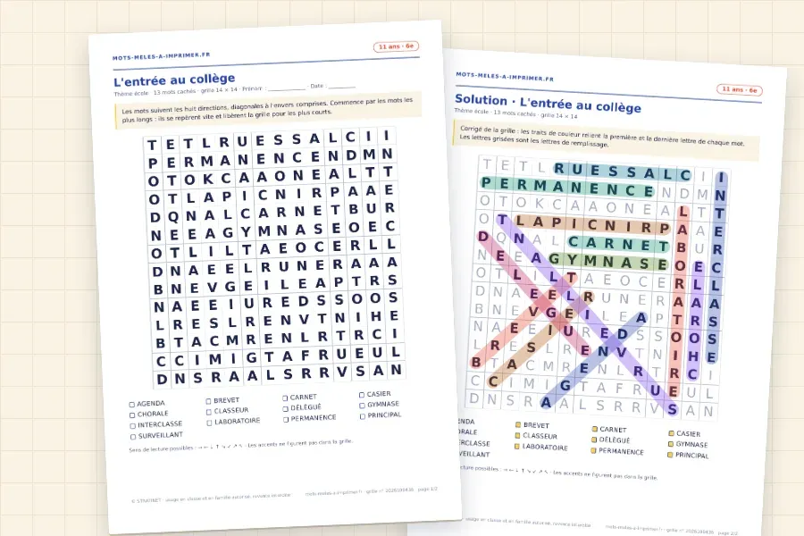 Rendu réel du PDF des 11 ans : la grille « L'entrée au collège » et sa solution