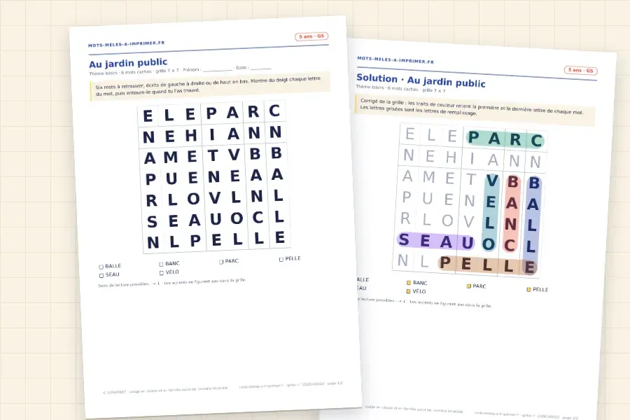 Rendu réel du PDF des 5 ans : la grille « Au jardin public » et sa solution