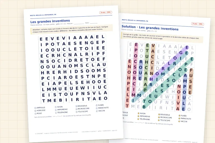Rendu réel du PDF des 9 ans : la grille « Les grandes inventions » et sa solution